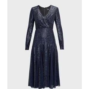 Badgley Mischka Long-Sleeve Sequin Godet Midi Dress in Navy Size 4